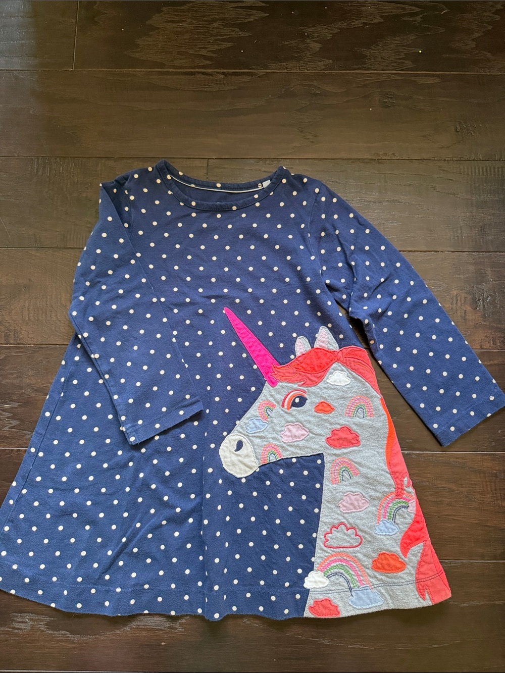 Mini Boden Girls Navy Polka Dot Unicorn Long-Sleeve Dress Top